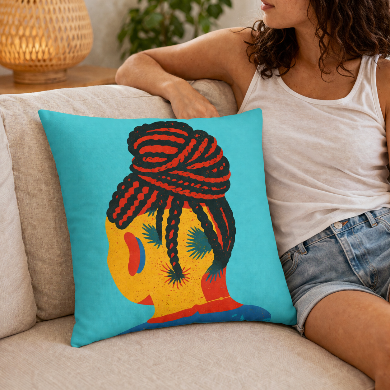 Woman sitting on a couch with a colorful pillow featuring a stylized face design with hair braids.