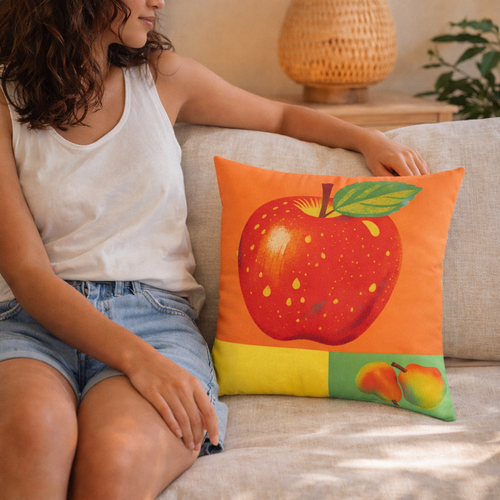 Person sitting on a couch with an apple-themed pillow