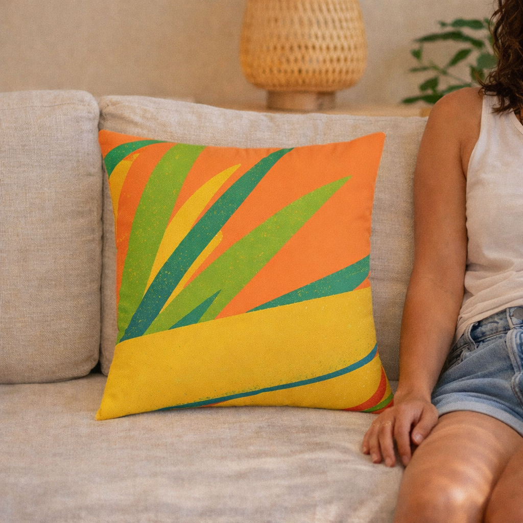 Person sitting on a couch with a colorful pillow featuring orange, green, and yellow abstract design.