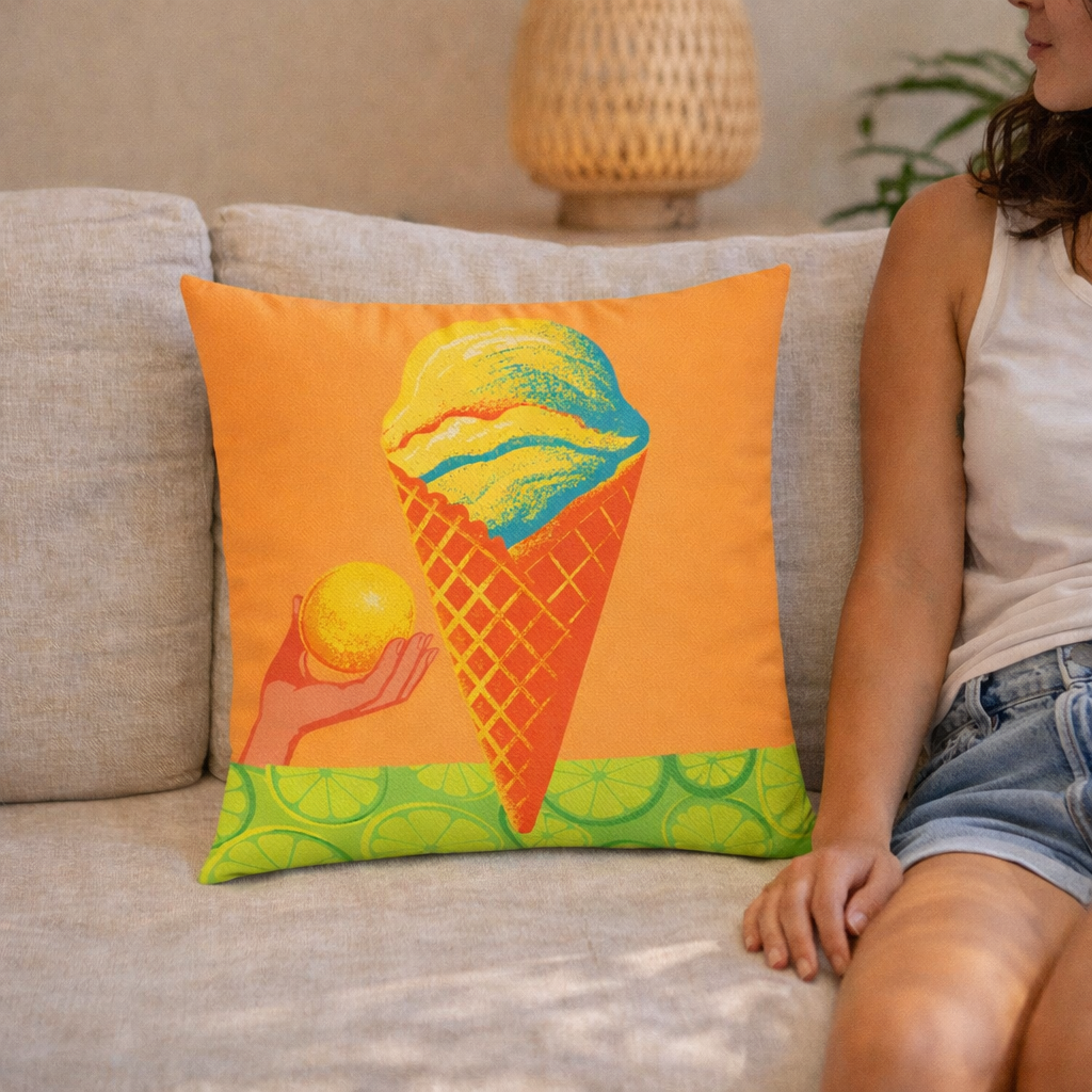 Person sitting on a couch with a colorful pillow featuring an ice cream cone design.