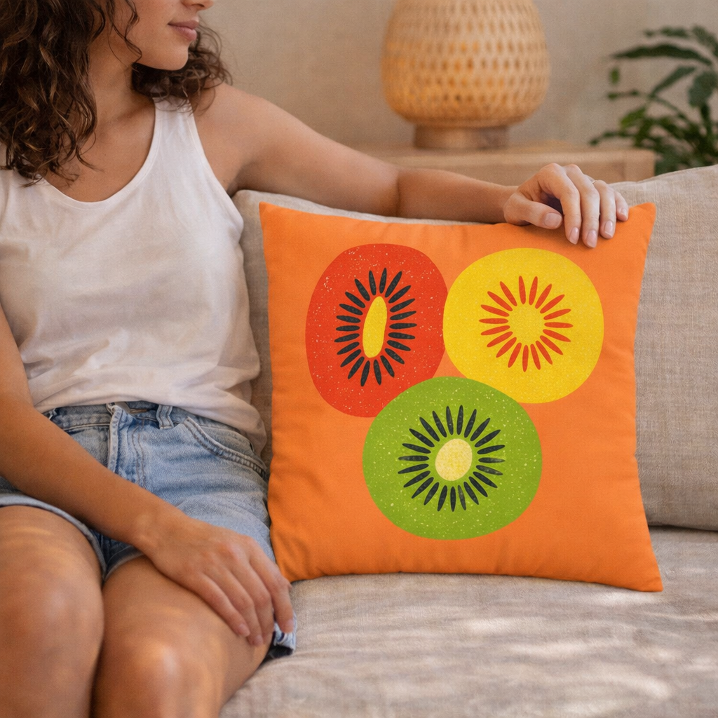 Woman holding a colorful pillow with abstract kiwi designs on a couch.