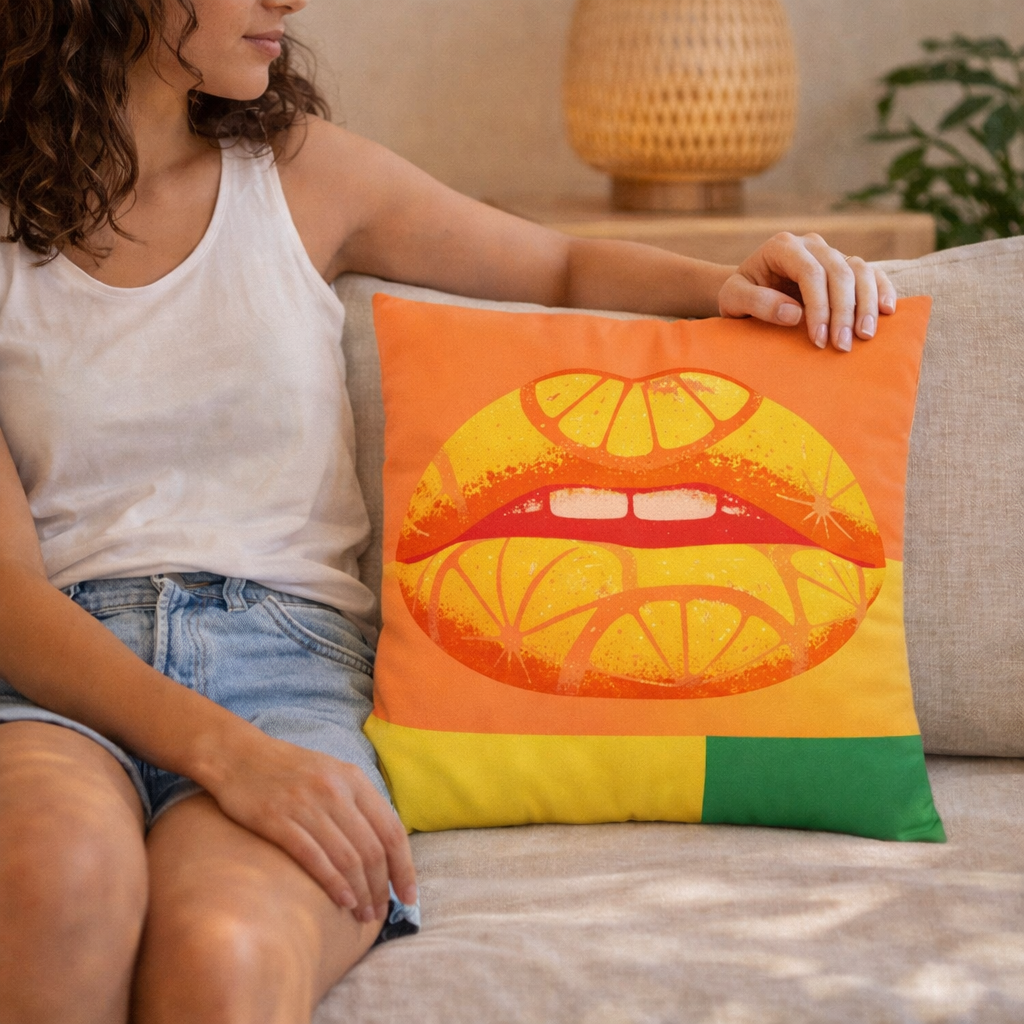 Person holding a colorful pillow with a lip and fruit design on a couch.
