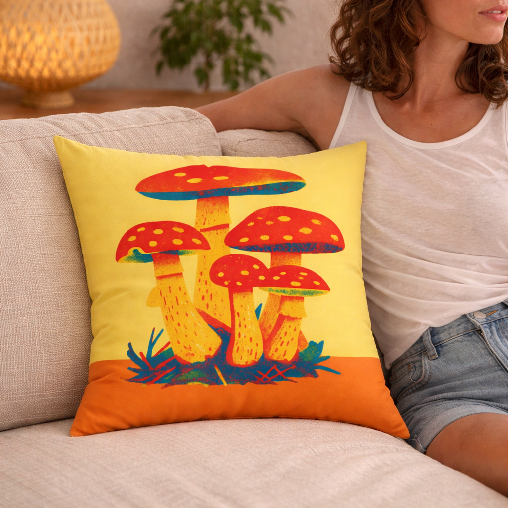 Woman sitting on a couch with a colorful mushroom pillow