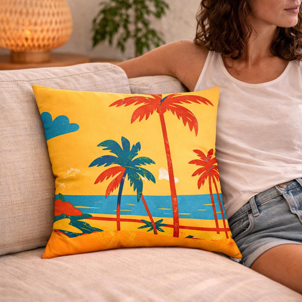 Woman sitting on a couch with a colorful palm tree pillow