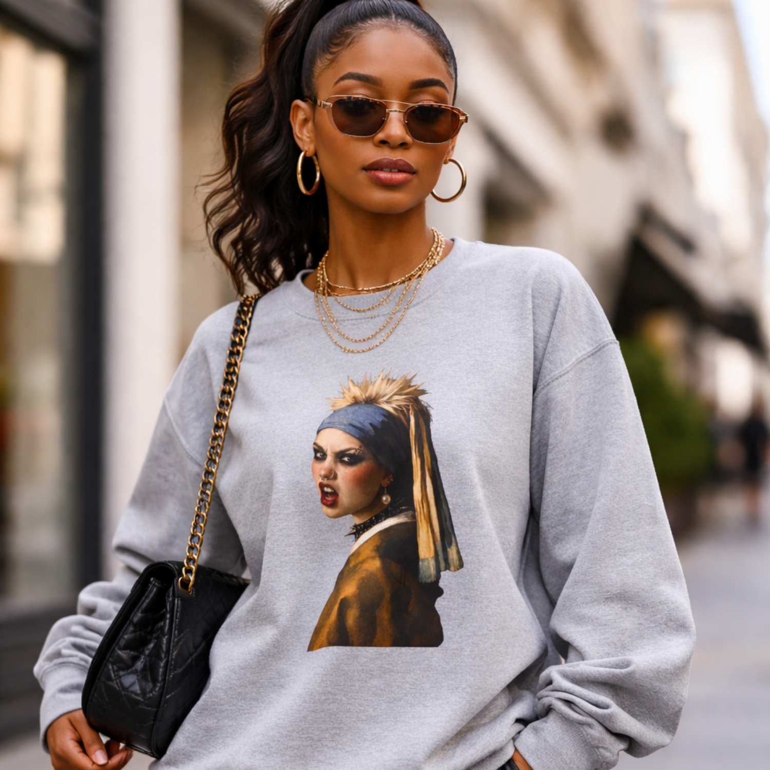 Woman wearing a gray sweatshirt with a graphic design of a punk girl with a pearl earring, walking outdoors.