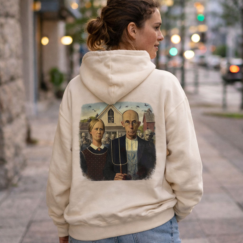 Person wearing Beige hoodie with a graphic of a  reimagined American Gothic by Grant Wood on the back, displayed on a white background.