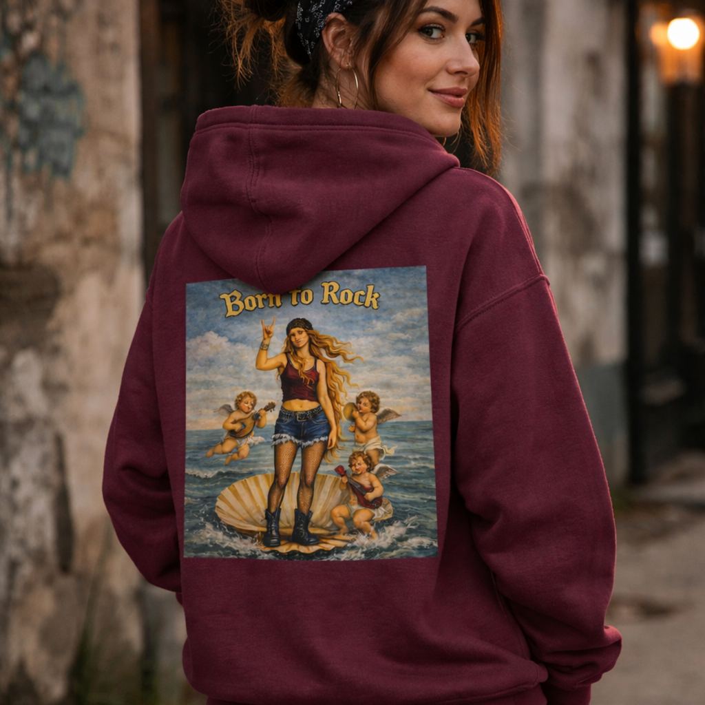 woman wearing maroon hoodie with a reimagined image of Botticelli's Venus on the back with Born to Rock text on a blurred street background