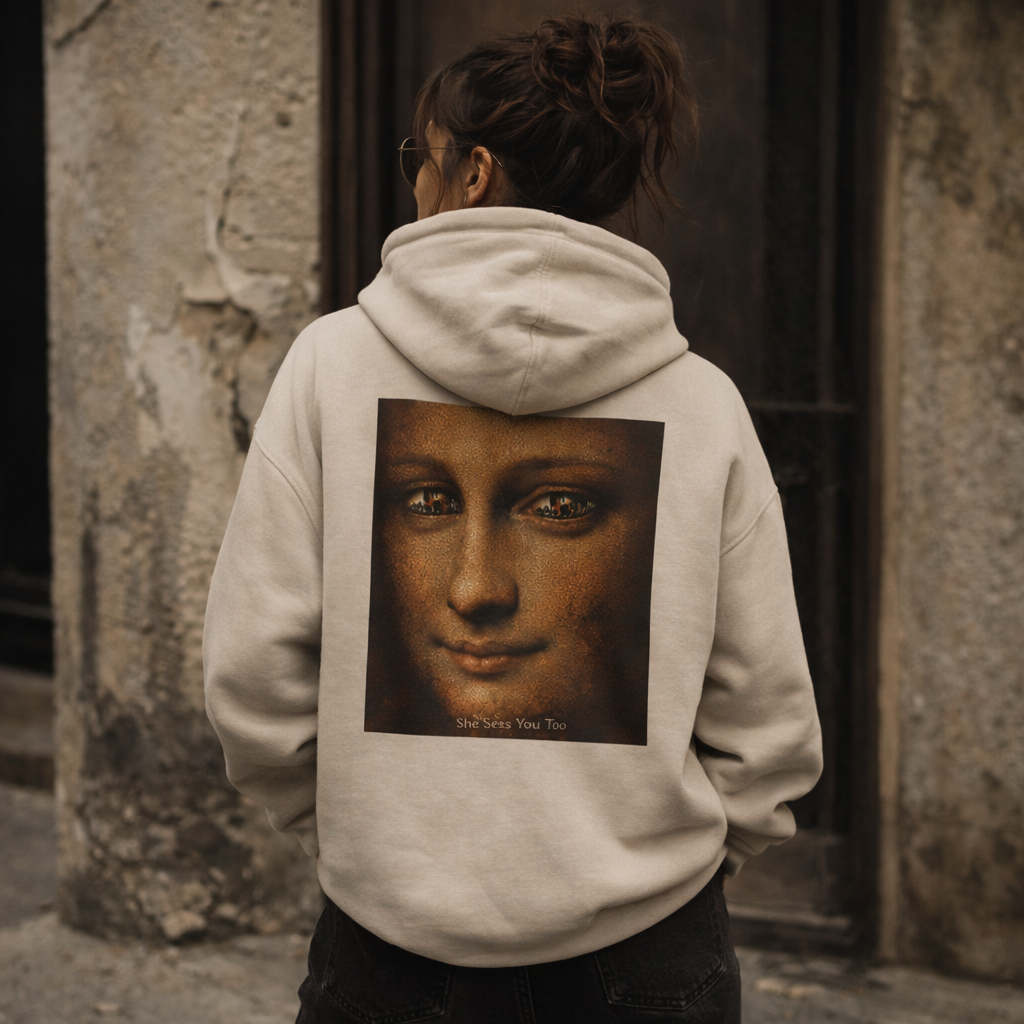 Person wearing a hoodie with a printed design of a reimagined version of Da Vinci's Mona Lisa on the back, standing in an urban setting.
