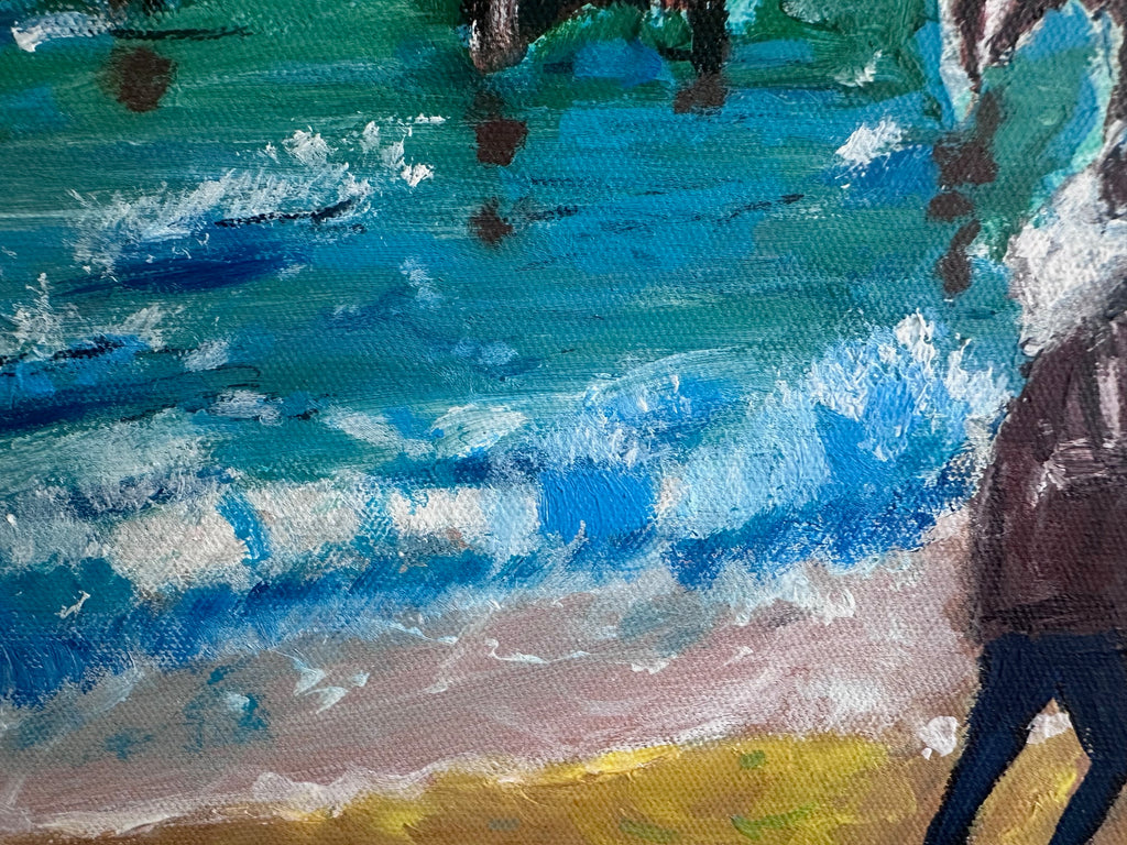 Close-up of part of a person in a beach painting with blue, green, and brown colors