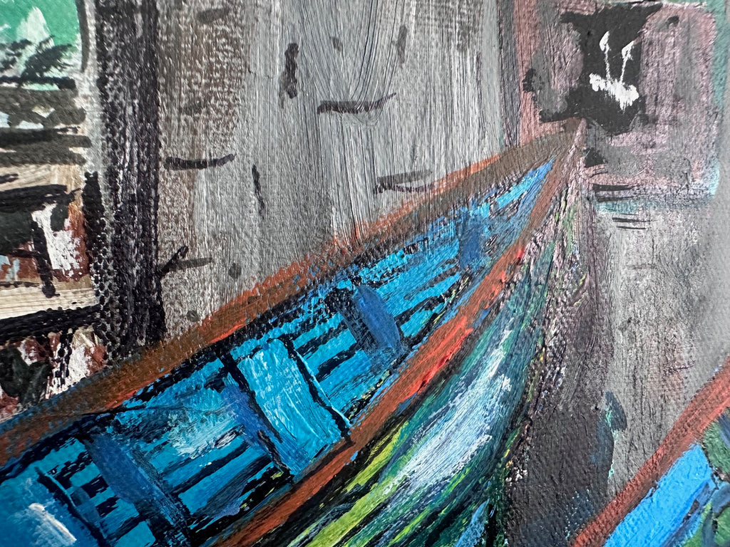 Abstract painting with blue, red, and gray colors