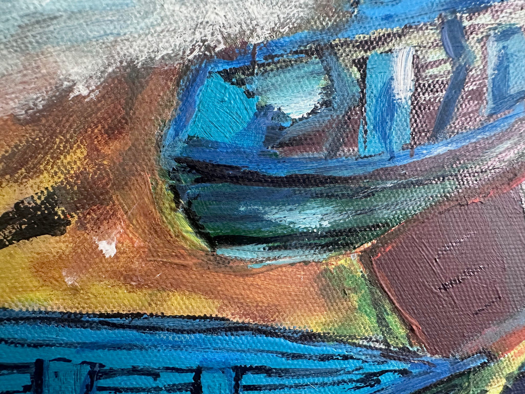 Close-up of a colorful abstract painting with vibrant blues, greens, and browns.