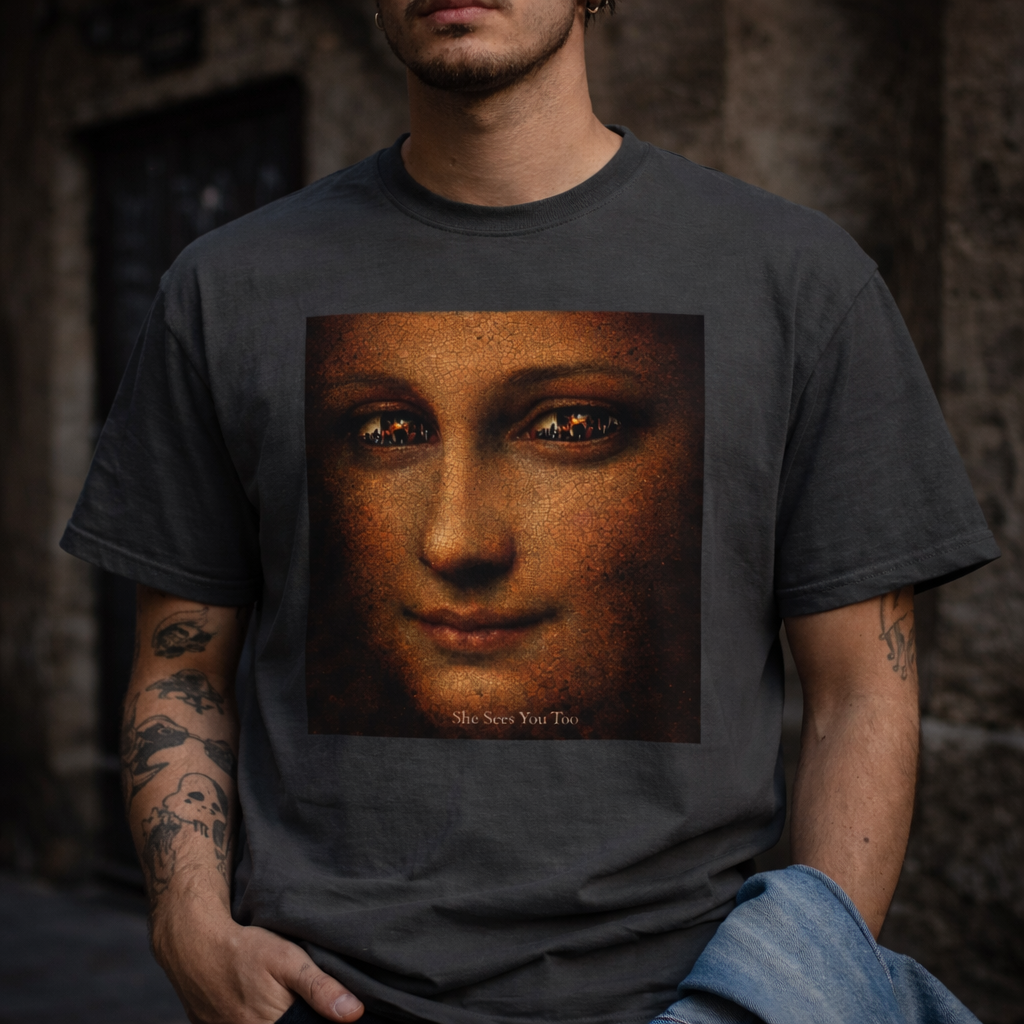 man with tatooed arms wearing pepper colour t-shirt showing reimagined image of Da Vinci's Mona Lisa 
