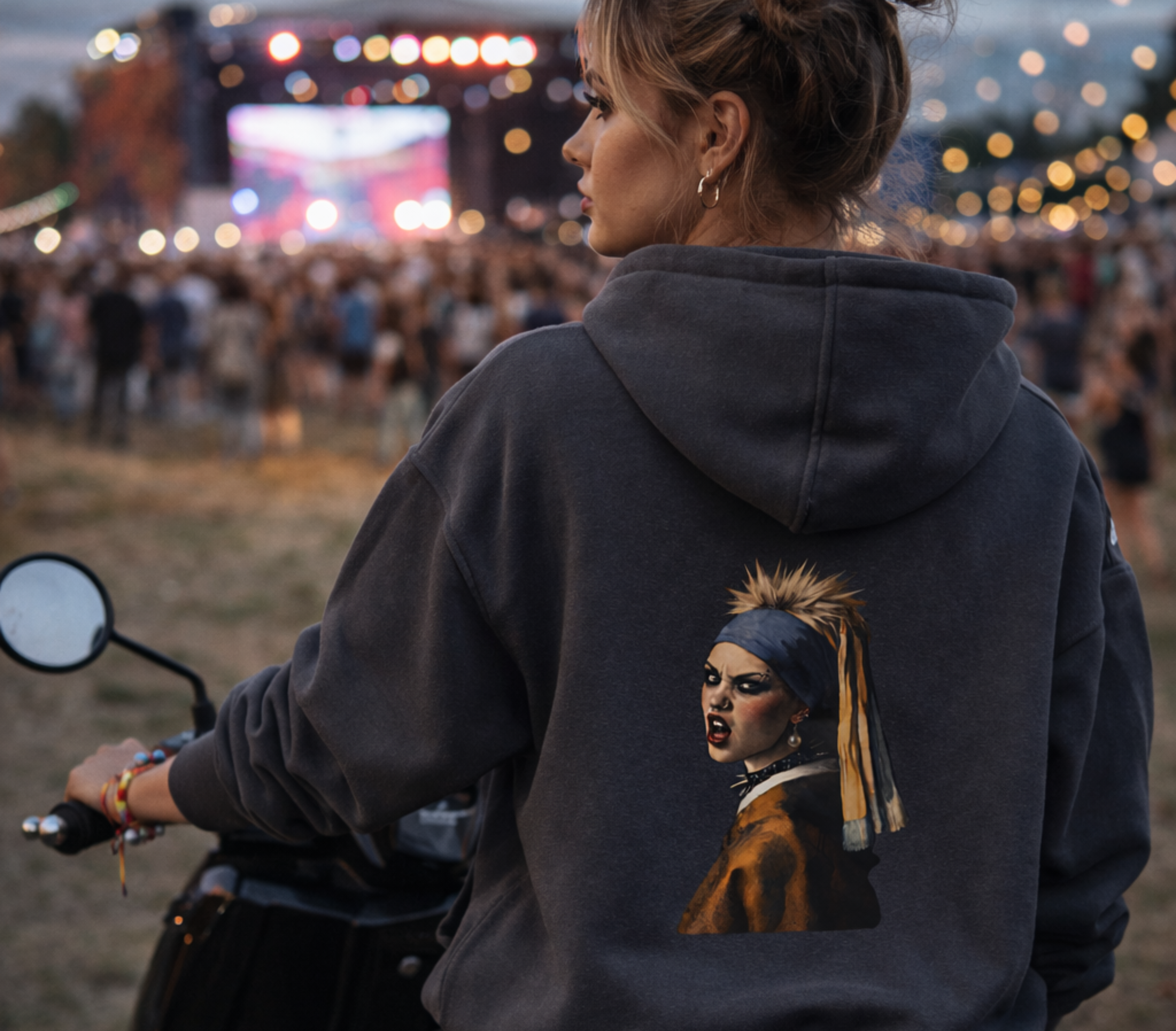 girl at a festival on a motorbike wearing grey hoodie with image of punk girl with a pearl earring