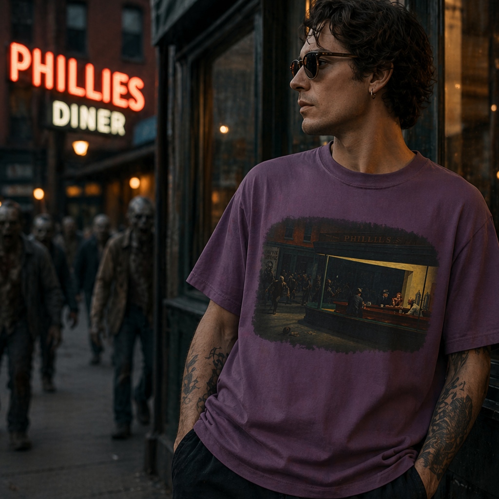 Man wearing a berry colour t-shirt with a graphic design of Edward Hopper's Nighthawks in front of a diner with neon signage.