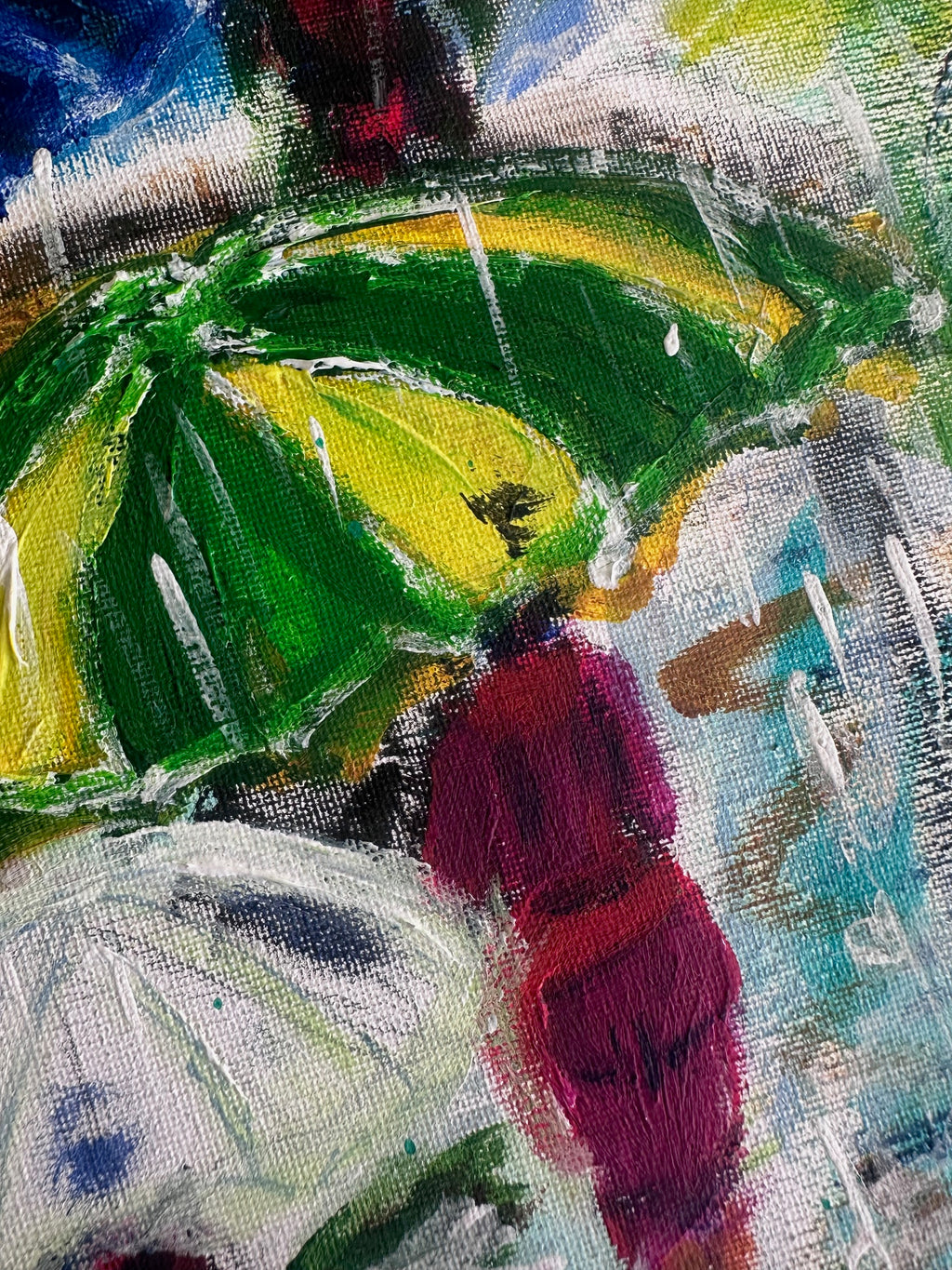 Close-up of a colorful umbrella and woman in red 