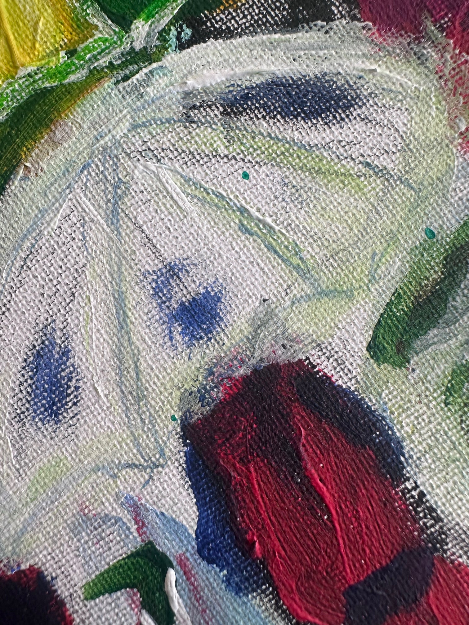 Close-up of a white umbrella and woman in red dress in a rainstorm