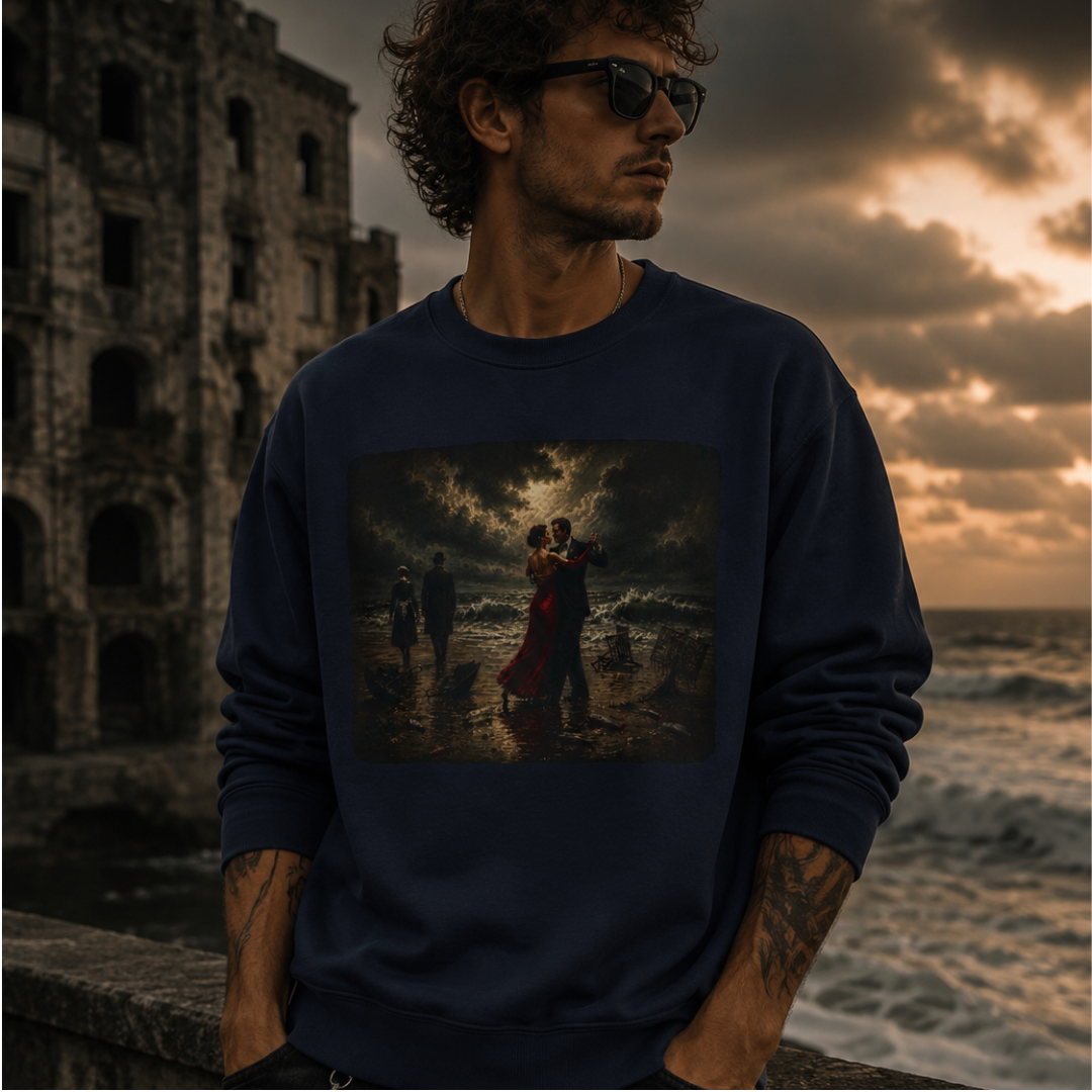 man in sunglasses leaning against a sea wall with a derelict building in the background wearing a navy sweatshirt with a printed design of a Vettriano inspired singing butler image
