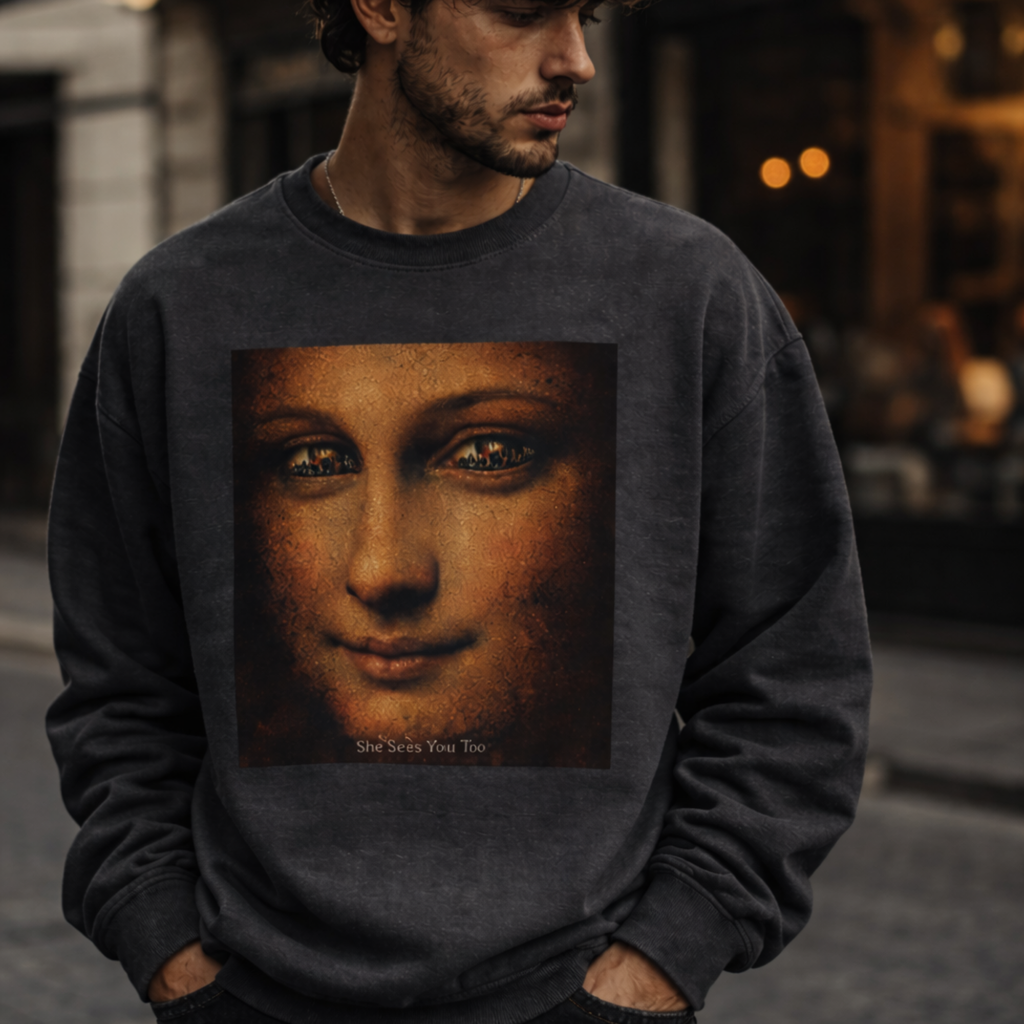 Person wearing a dark gray sweatshirt with a graphic design of reimagined Mona Lisa face on a blurred street background
