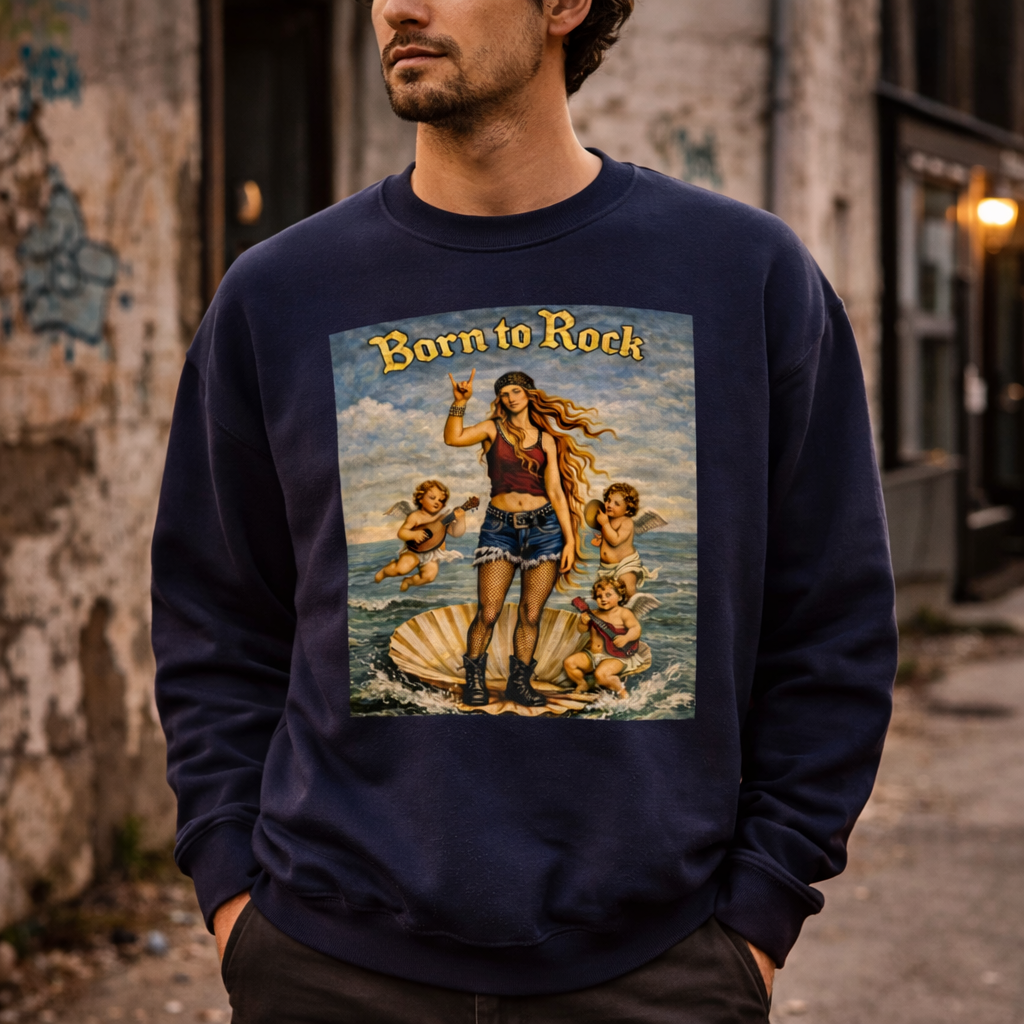 man wearing a navy blue sweatshirt with a graphic design of Botticelli's Venus with 'Born to Rock' text on a background of a blurred street