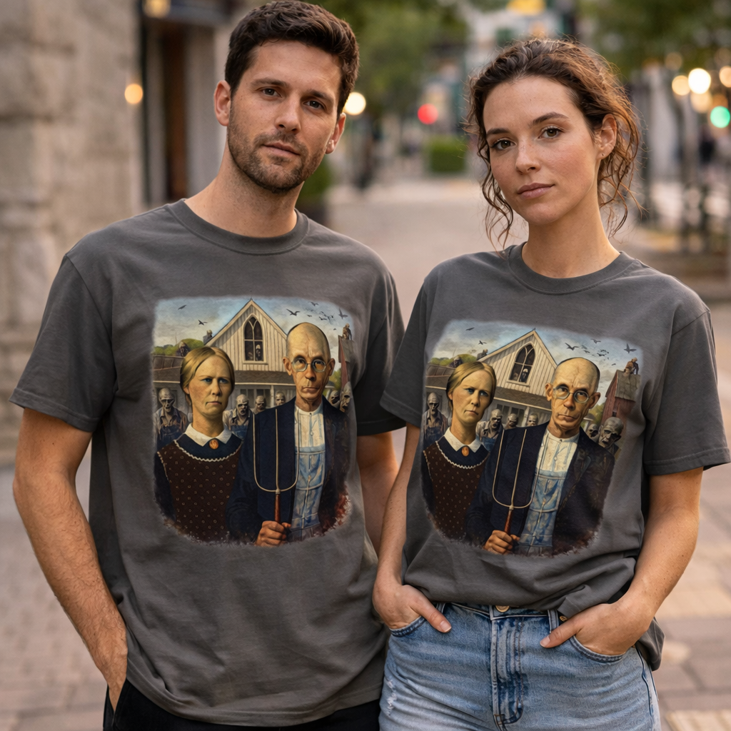 Couple wearing matching gray t-shirts with reimagined image of zombies in American Gothic by Grant Wood on a white background