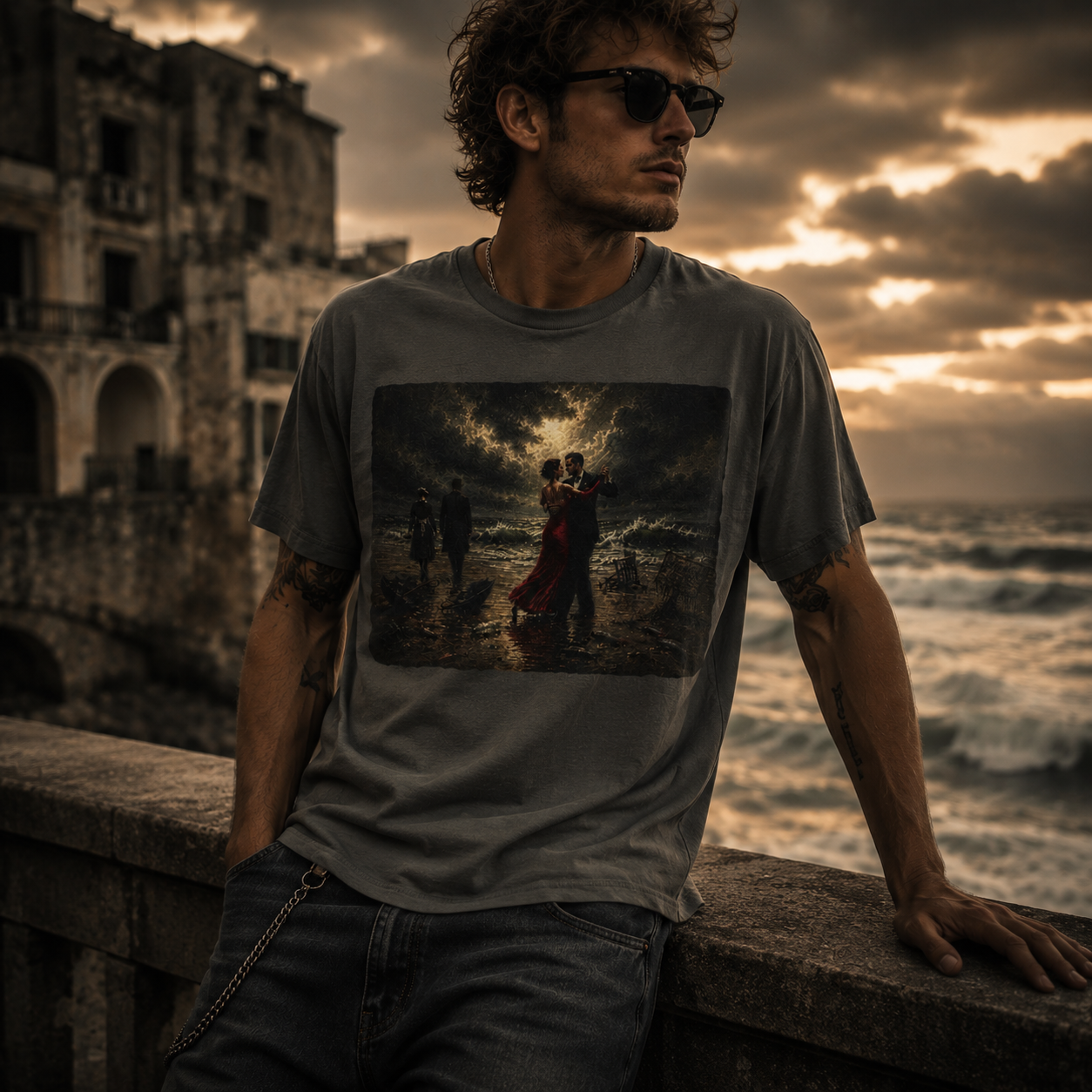 Man in sunglasses leaning against a sea wall with a stormy background wearing a grey  t-shirt with a graphic of a Vettriano inspired Singing Butler print 